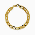 Men's 14K yellow gold heavy hollow mariner chain bracelet featuring thick oval links and a lobster clasp, displayed in a circular shape on a white background.