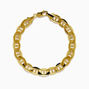 Men's 14K yellow gold heavy hollow mariner chain bracelet featuring thick oval links and a lobster clasp, displayed in a circular shape on a white background.