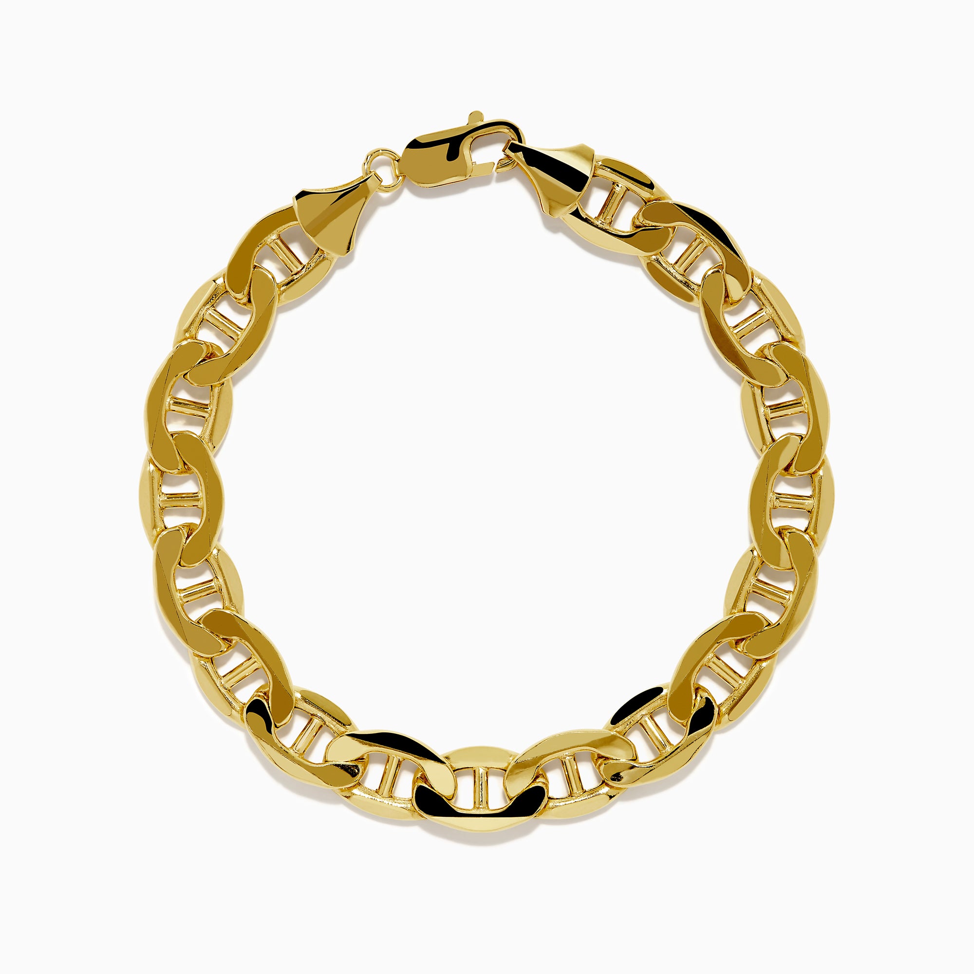 Men's 14K yellow gold heavy hollow mariner chain bracelet featuring thick oval links and a lobster clasp, displayed in a circular shape on a white background.