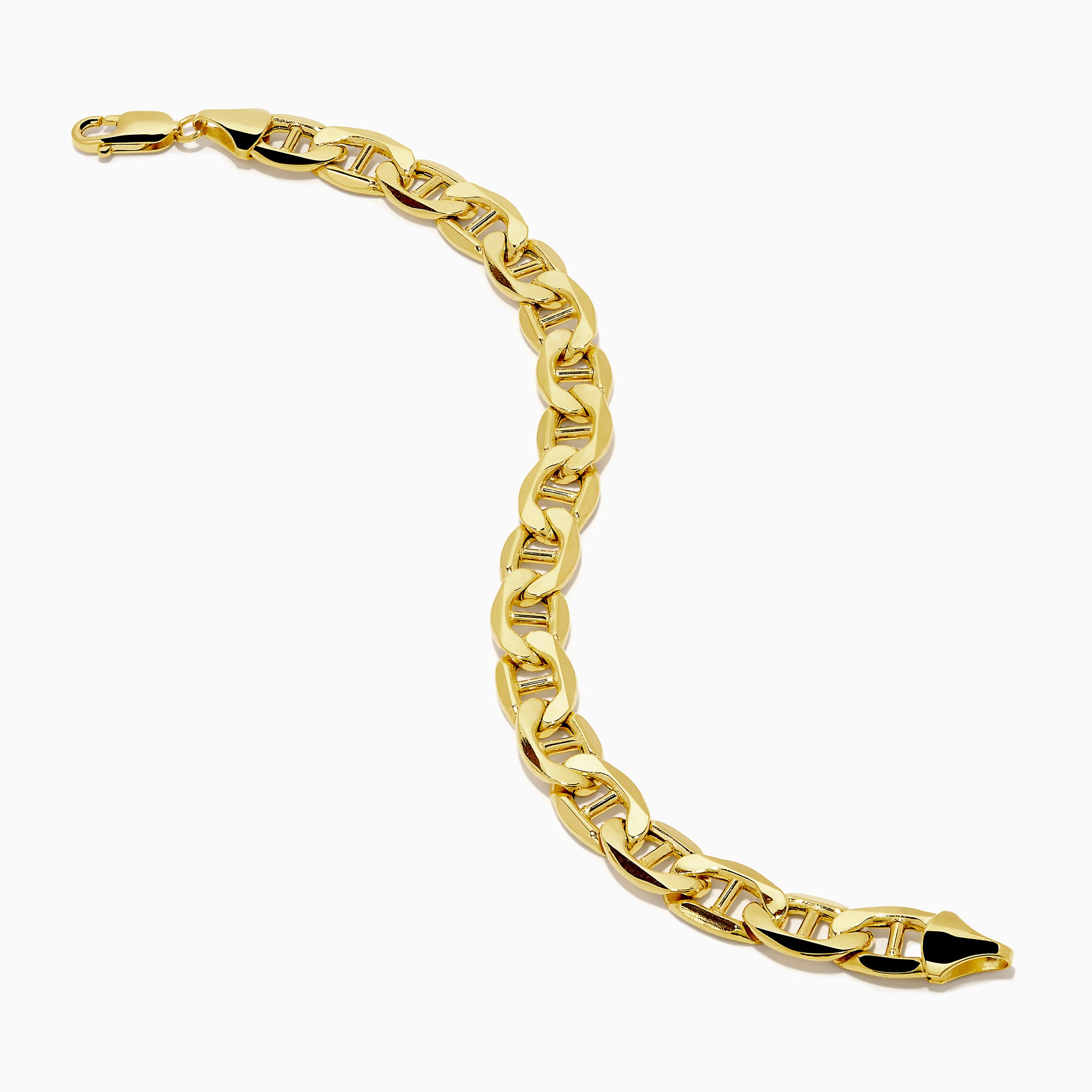 Men's 14K yellow gold heavy hollow mariner chain bracelet featuring thick oval links and a lobster clasp, displayed in a circular shape on a white background.