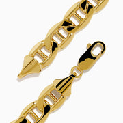 Men's 14K yellow gold heavy hollow mariner chain bracelet featuring thick oval links and a lobster clasp, displayed in a circular shape on a white background.