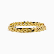 The 14K Yellow Gold Hollow Cuban Chain Bracelet features a flat curb link design and lobster clasp, displayed in a circular shape on a white background.