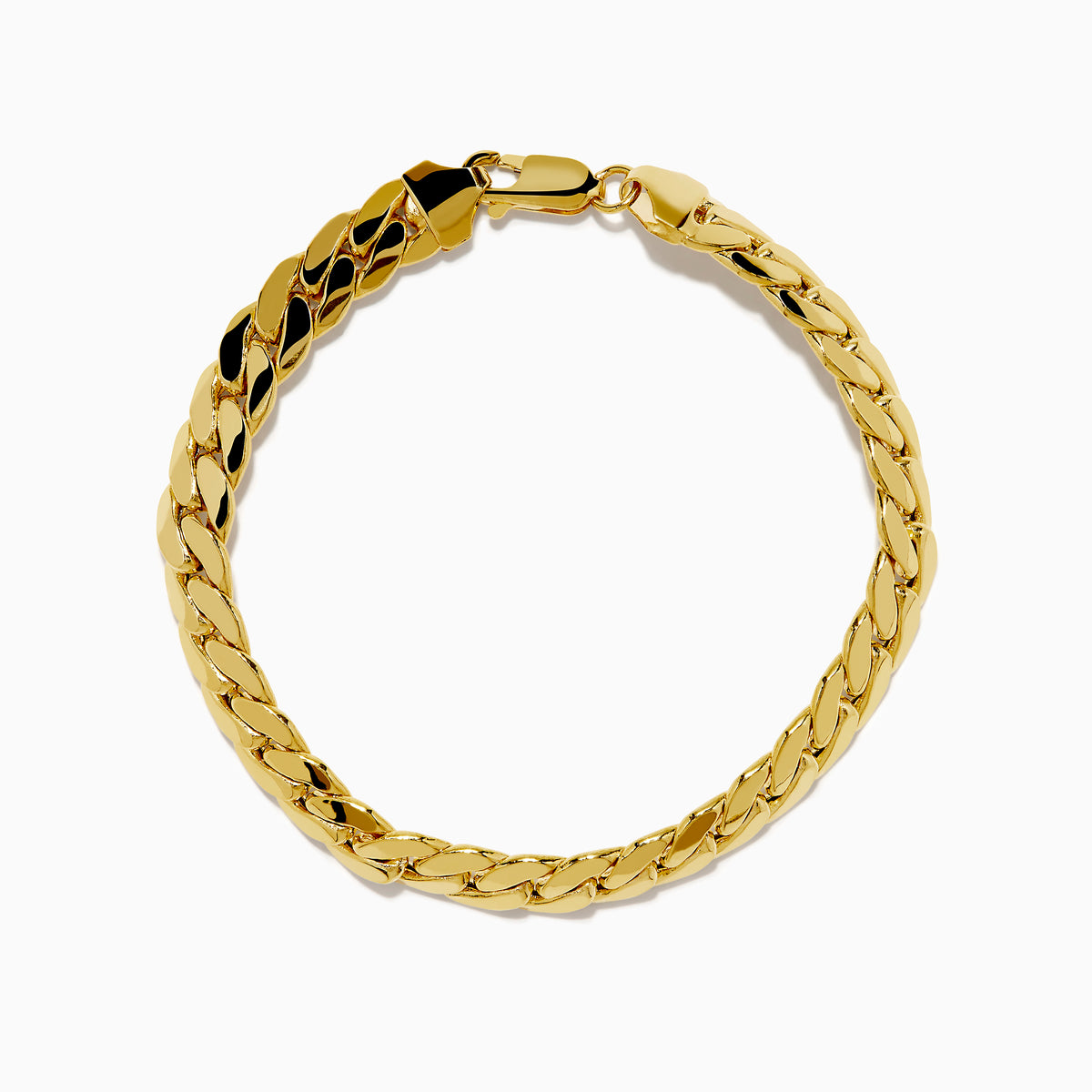 The 14K Yellow Gold Hollow Cuban Chain Bracelet features a flat curb link design and lobster clasp, displayed in a circular shape on a white background.