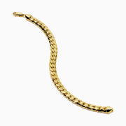 The 14K Yellow Gold Hollow Cuban Chain Bracelet features a flat curb link design and lobster clasp, displayed in a circular shape on a white background.