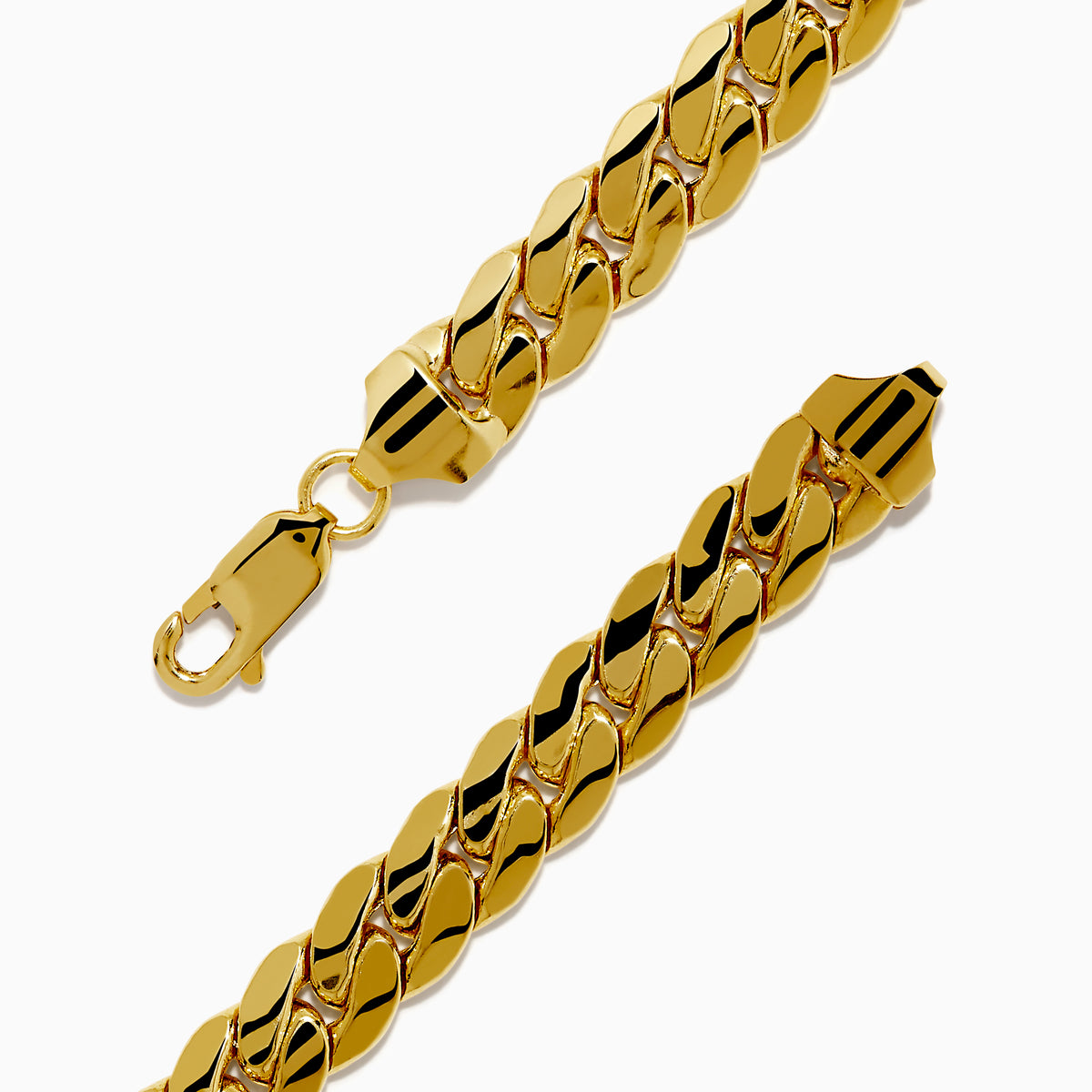 The 14K Yellow Gold Hollow Cuban Chain Bracelet features a flat curb link design and lobster clasp, displayed in a circular shape on a white background.
