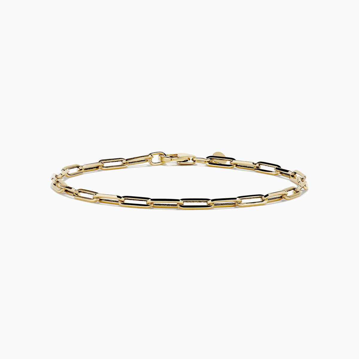 The 14K Yellow Gold Hollow Paperclip Chain Bracelet features elongated chain links and a small round charm near the clasp, shown on a white background.
