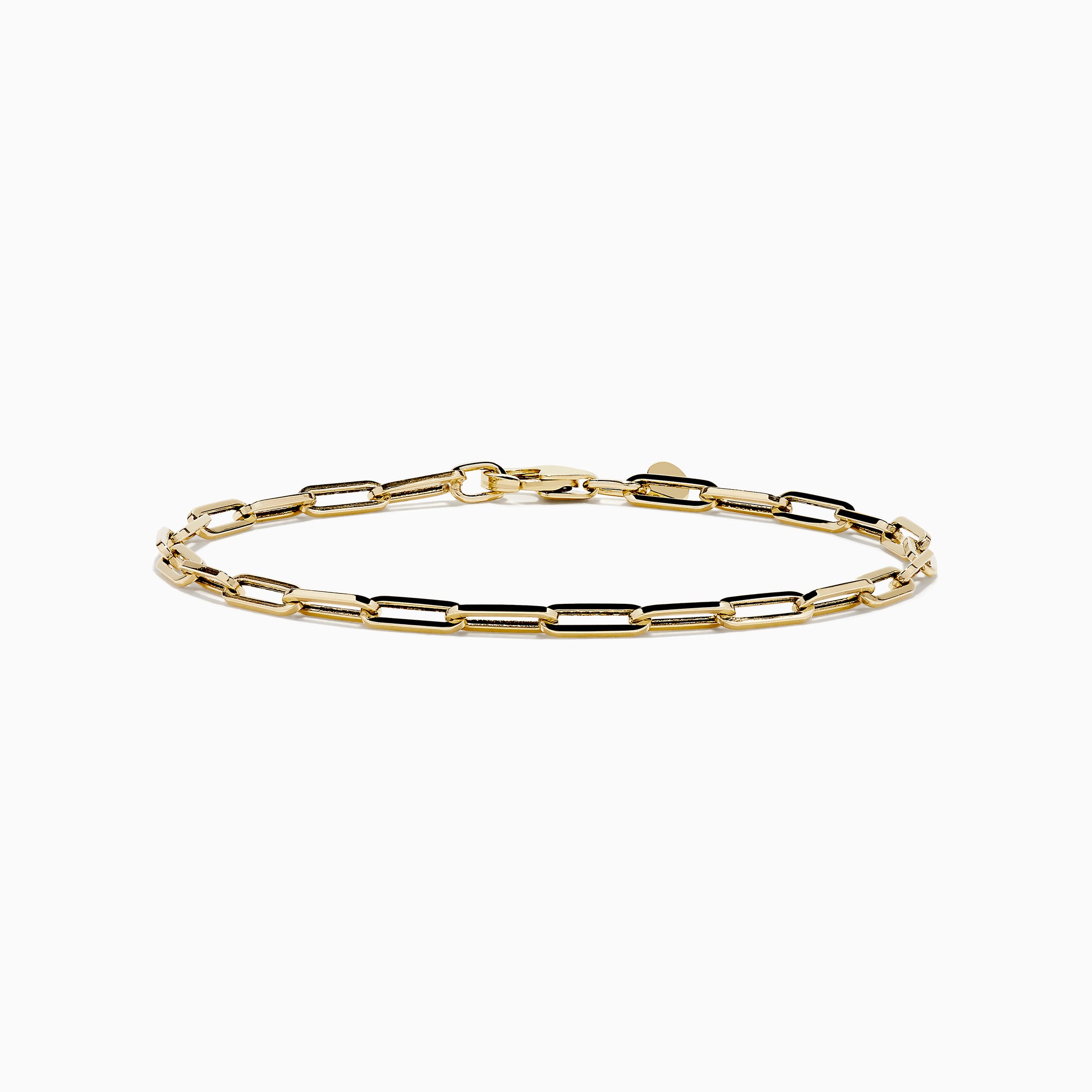 The 14K Yellow Gold Hollow Paperclip Chain Bracelet features elongated chain links and a small round charm near the clasp, shown on a white background.
