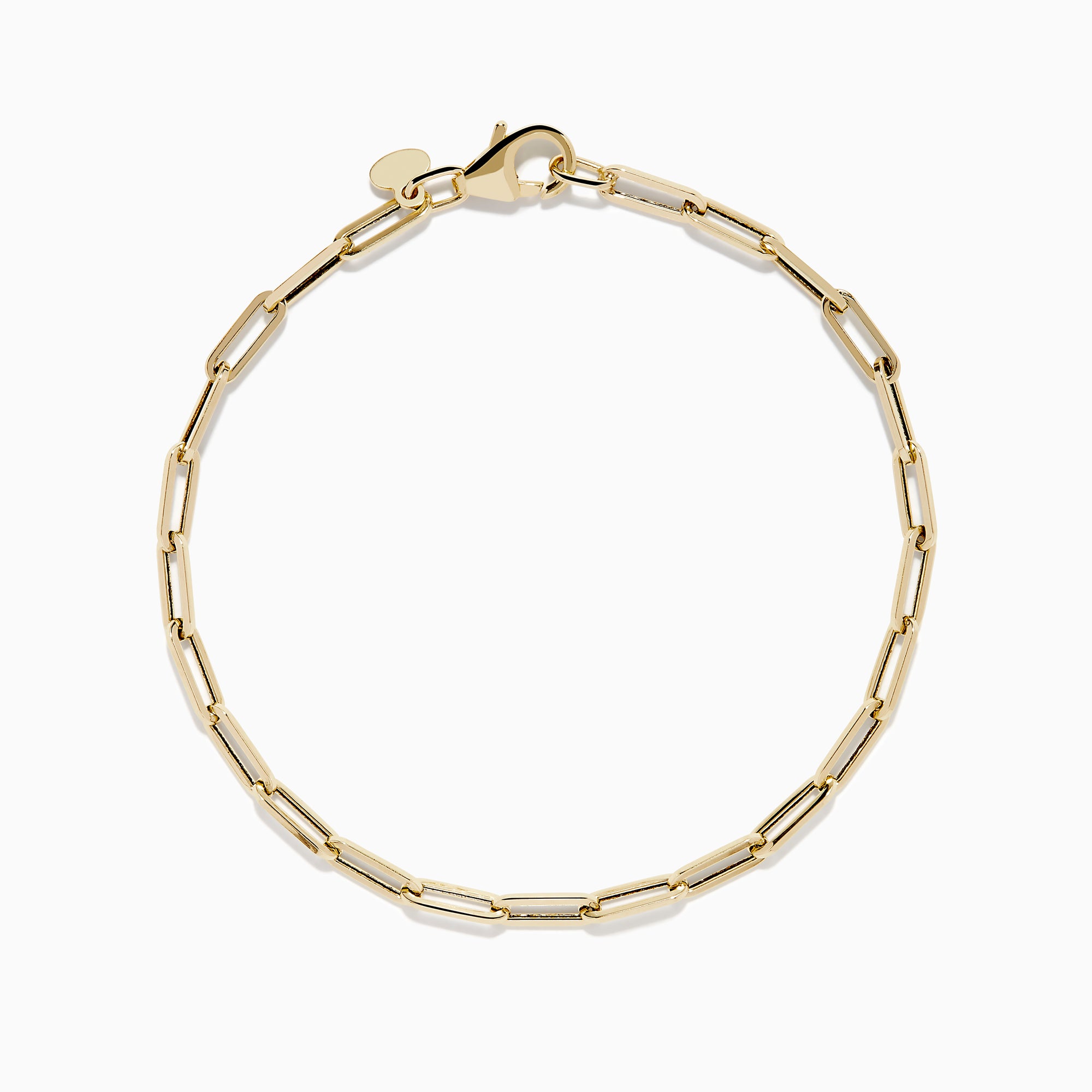 The 14K Yellow Gold Hollow Paperclip Chain Bracelet features elongated chain links and a small round charm near the clasp, shown on a white background.