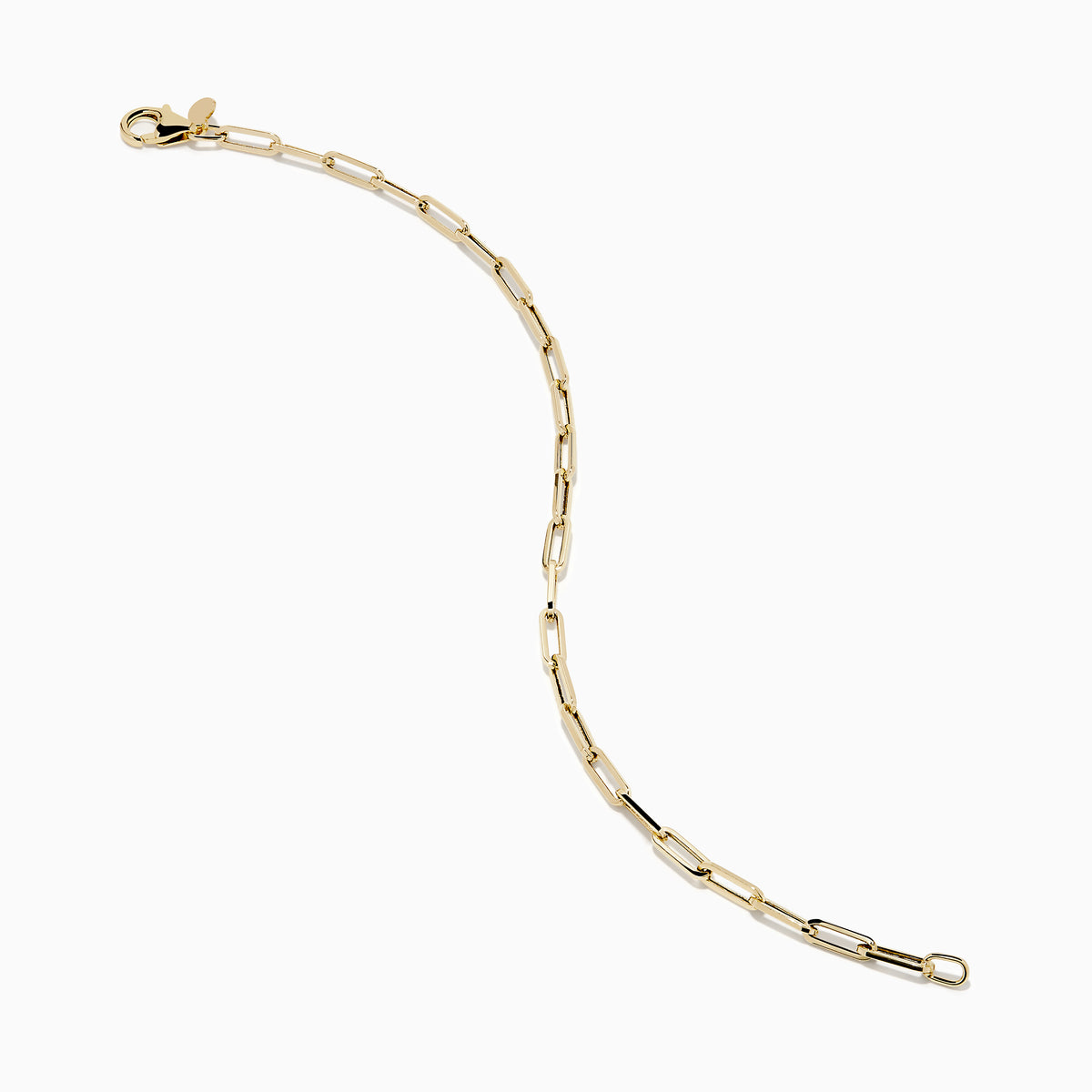 The 14K Yellow Gold Hollow Paperclip Chain Bracelet features elongated chain links and a small round charm near the clasp, shown on a white background.