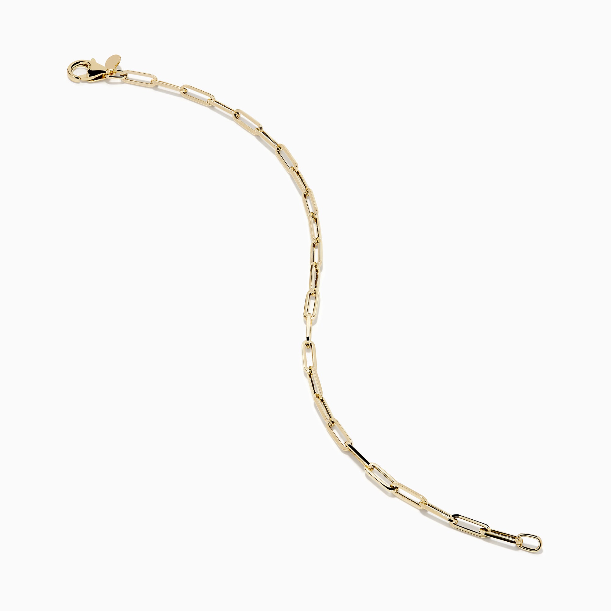 The 14K Yellow Gold Hollow Paperclip Chain Bracelet features elongated chain links and a small round charm near the clasp, shown on a white background.