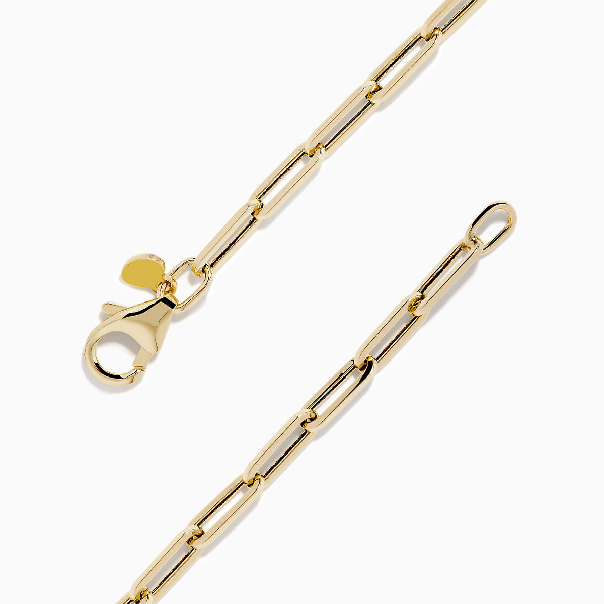 The 14K Yellow Gold Hollow Paperclip Chain Bracelet features elongated chain links and a small round charm near the clasp, shown on a white background.