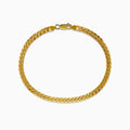 The Mens 14K Yellow Gold 4.5mm Solid Cuban Domed 9 Bracelet is shown in a circular shape, highlighting its domed curb link design and lobster clasp on a plain white background.