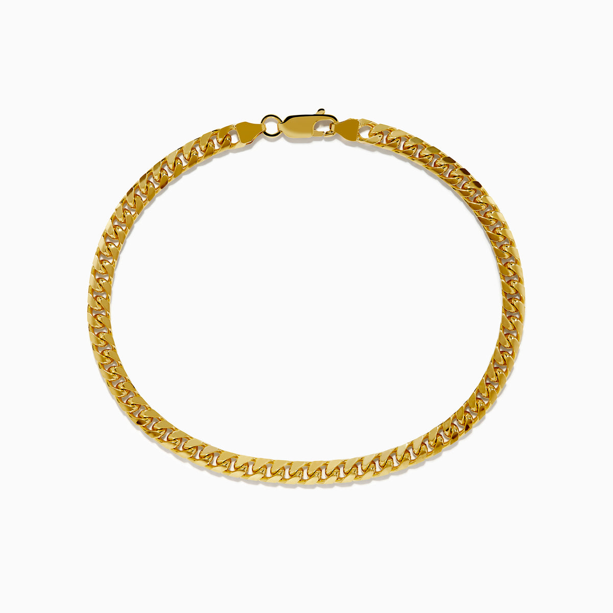 The Mens 14K Yellow Gold 4.5mm Solid Cuban Domed 9 Bracelet is shown in a circular shape, highlighting its domed curb link design and lobster clasp on a plain white background.