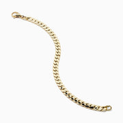 The 14K Yellow Gold Hollow Flat Cuban Chain Bracelet features a lobster clasp and is shown on a white background.