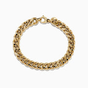 The 14K Yellow Gold Hollow Curb Chain Bracelet 7.5 features thick, interlocking links and a lobster clasp, arranged in a circle on a white background.