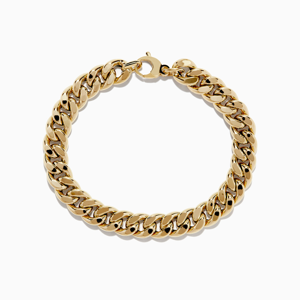 The 14K Yellow Gold Hollow Curb Chain Bracelet 7.5 features thick, interlocking links and a lobster clasp, arranged in a circle on a white background.