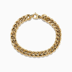 The 14K Yellow Gold Hollow Curb Chain Bracelet 7.5 features thick, interlocking links and a lobster clasp, arranged in a circle on a white background.