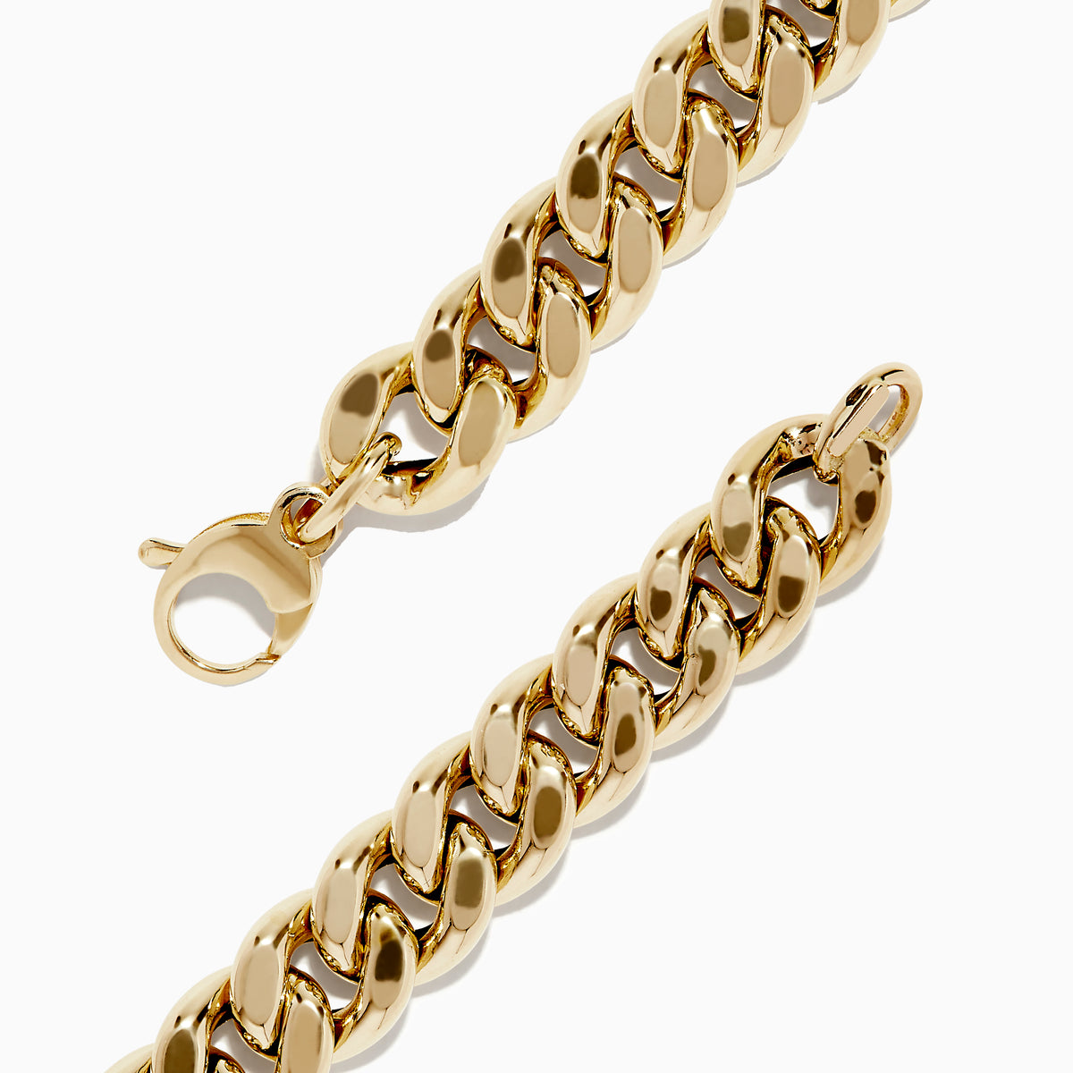 The 14K Yellow Gold Hollow Curb Chain Bracelet 7.5 features thick, interlocking links and a lobster clasp, arranged in a circle on a white background.