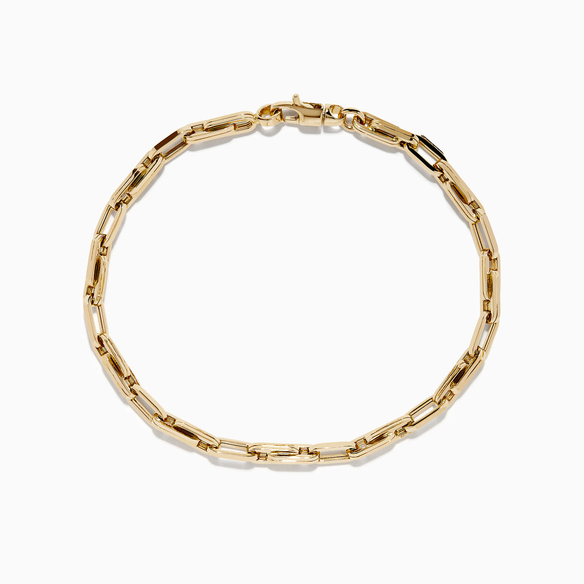 A 14K Yellow Gold Hollow Oval Link Bracelet is displayed on a plain white background, featuring elegant elongated and rectangular links.