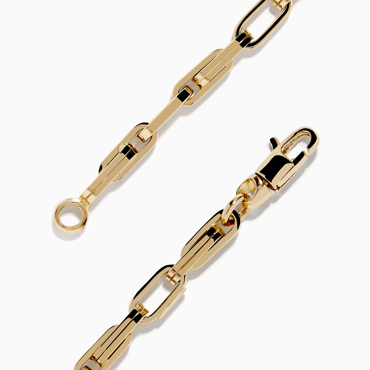 A 14K Yellow Gold Hollow Oval Link Bracelet is displayed on a plain white background, featuring elegant elongated and rectangular links.