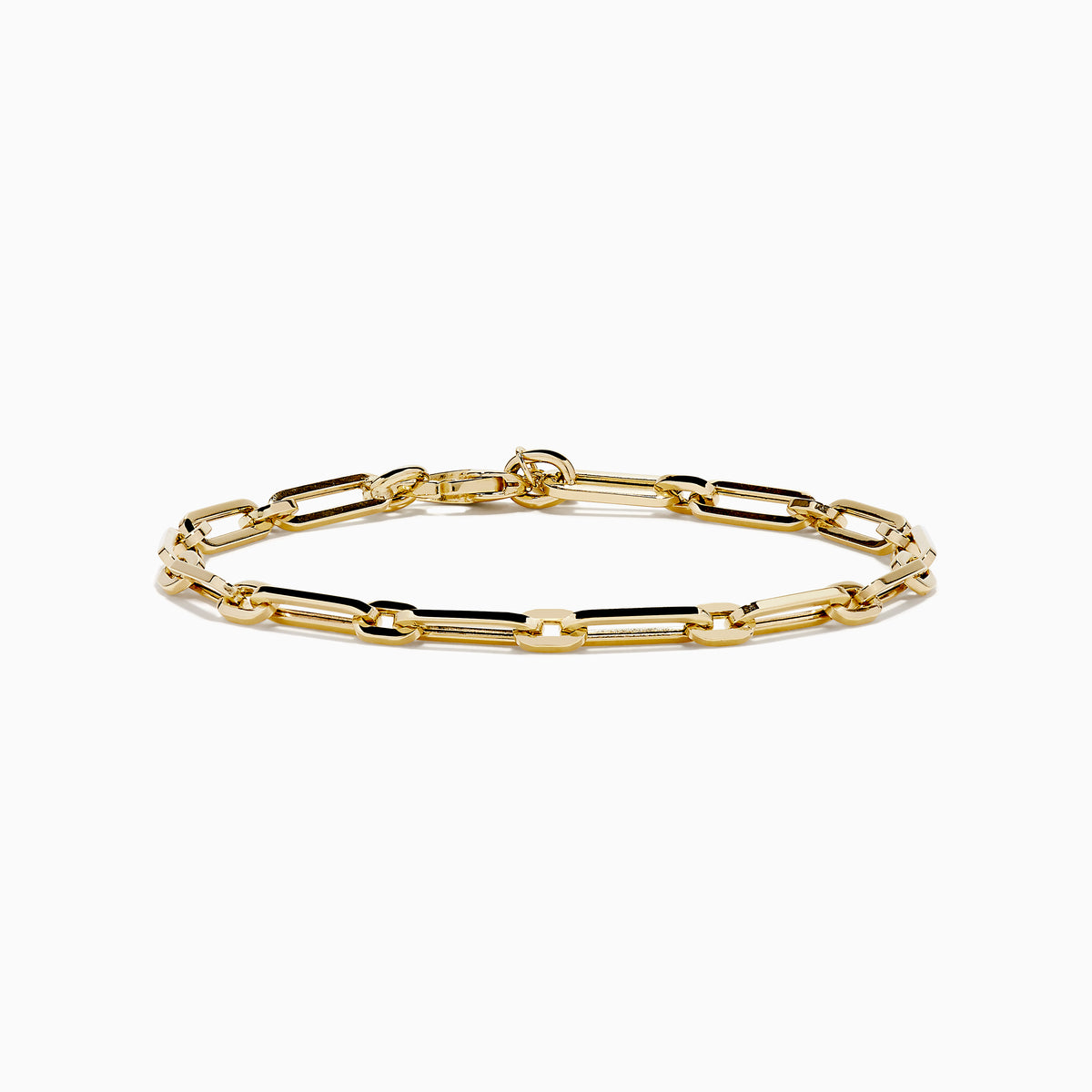 The 14K Yellow Gold Square Chain Link Bracelet features a delicate 14K yellow gold design with square links and a small round tag, shown on a white background.