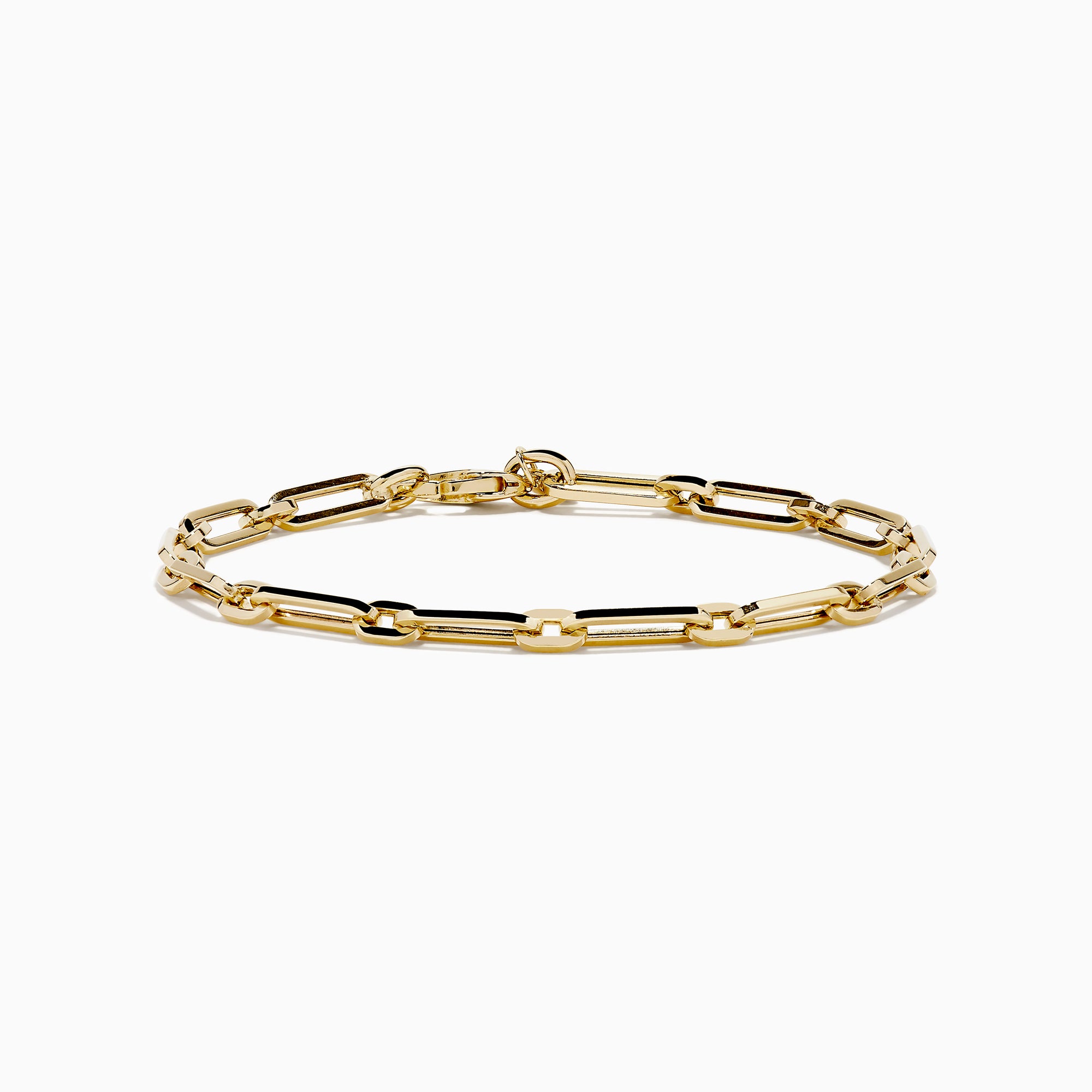 The 14K Yellow Gold Square Chain Link Bracelet features a delicate 14K yellow gold design with square links and a small round tag, shown on a white background.