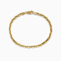 The Mens 14K Yellow Gold Solid Chain Link Bracelet 8.5 features a lobster clasp and is displayed in a circular shape on a plain white background.
