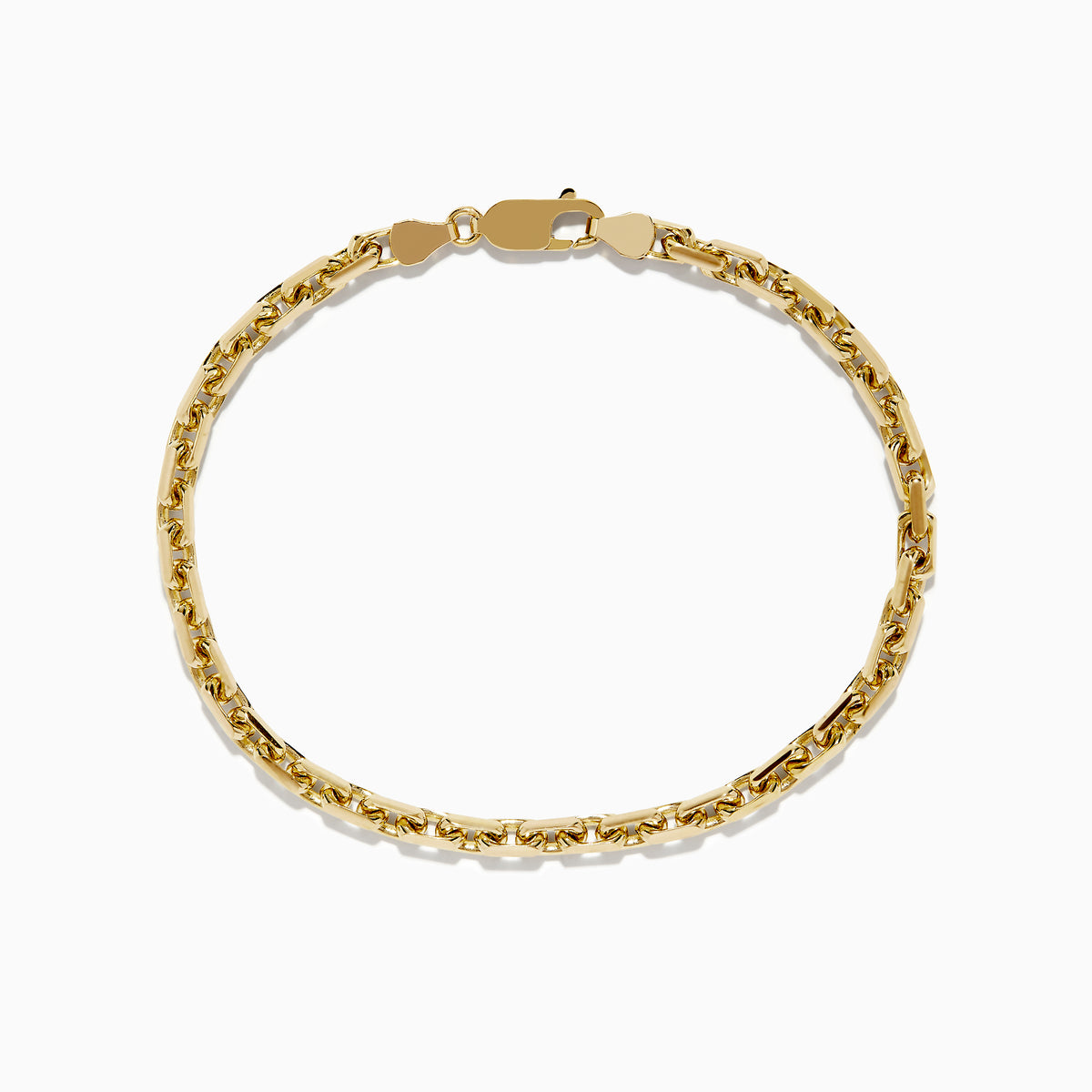 The Mens 14K Yellow Gold Solid Chain Link Bracelet 8.5 features a lobster clasp and is displayed in a circular shape on a plain white background.