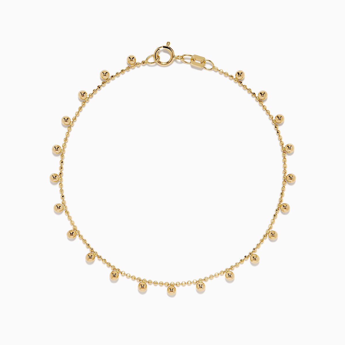 The 14K Yellow Gold Tassel Bead Chain Bracelet features small, evenly spaced round charms on a delicate chain, finished with a secure lobster clasp closure.
