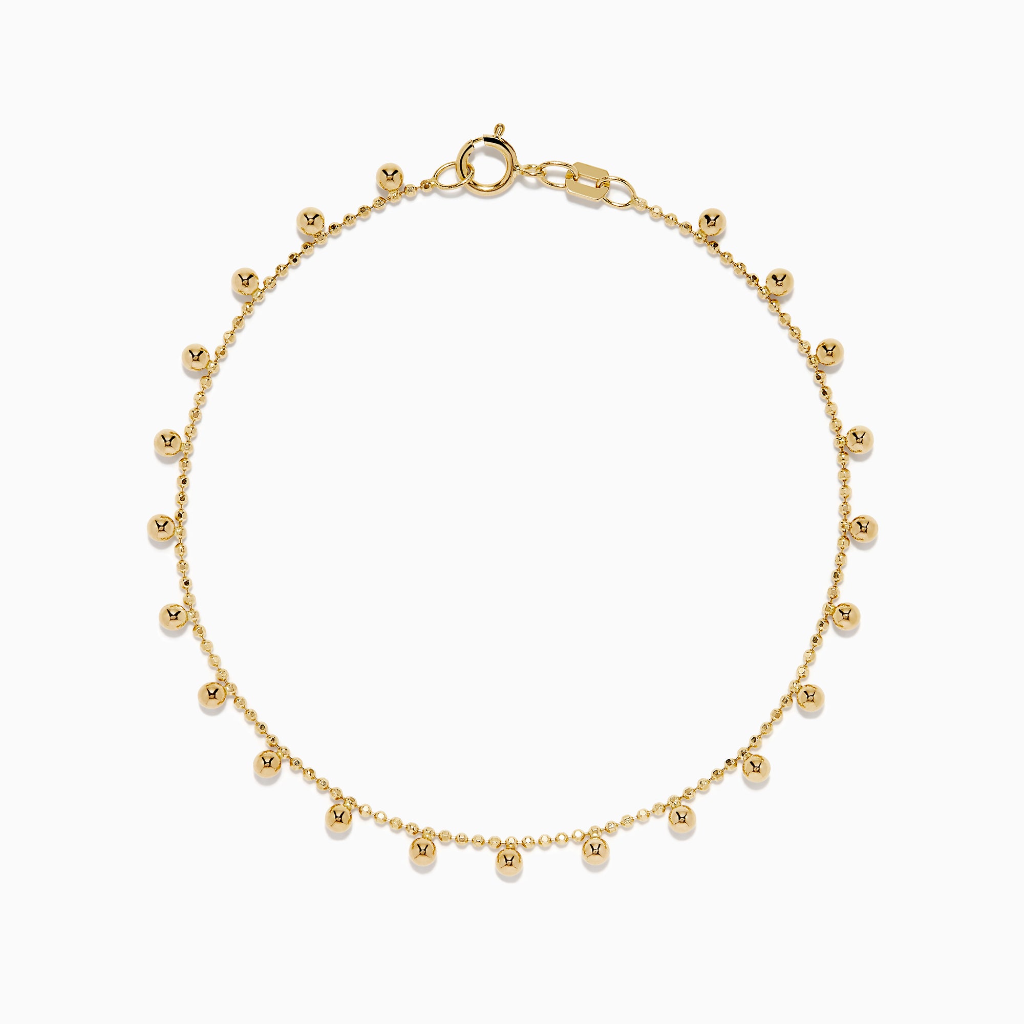 The 14K Yellow Gold Tassel Bead Chain Bracelet features small, evenly spaced round charms on a delicate chain, finished with a secure lobster clasp closure.