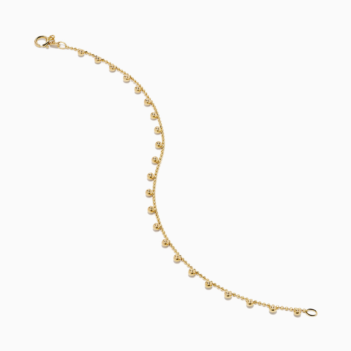 The 14K Yellow Gold Tassel Bead Chain Bracelet features small, evenly spaced round charms on a delicate chain, finished with a secure lobster clasp closure.