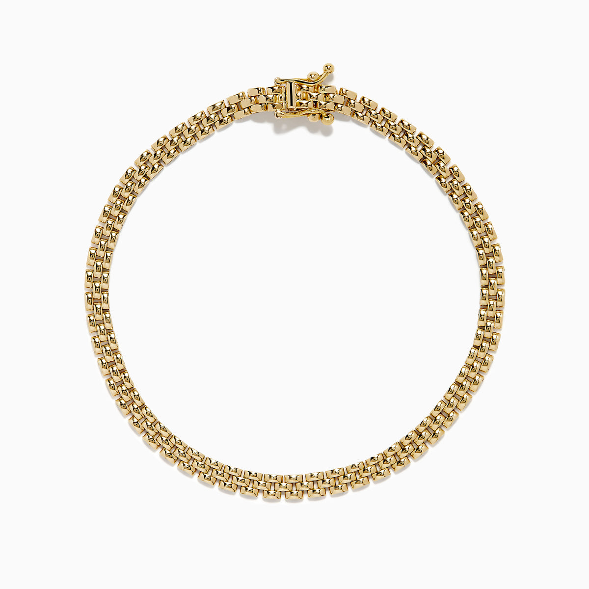 A 14K yellow gold Panther chain link bracelet displayed in a circular shape on a white background, featuring a secure clasp.