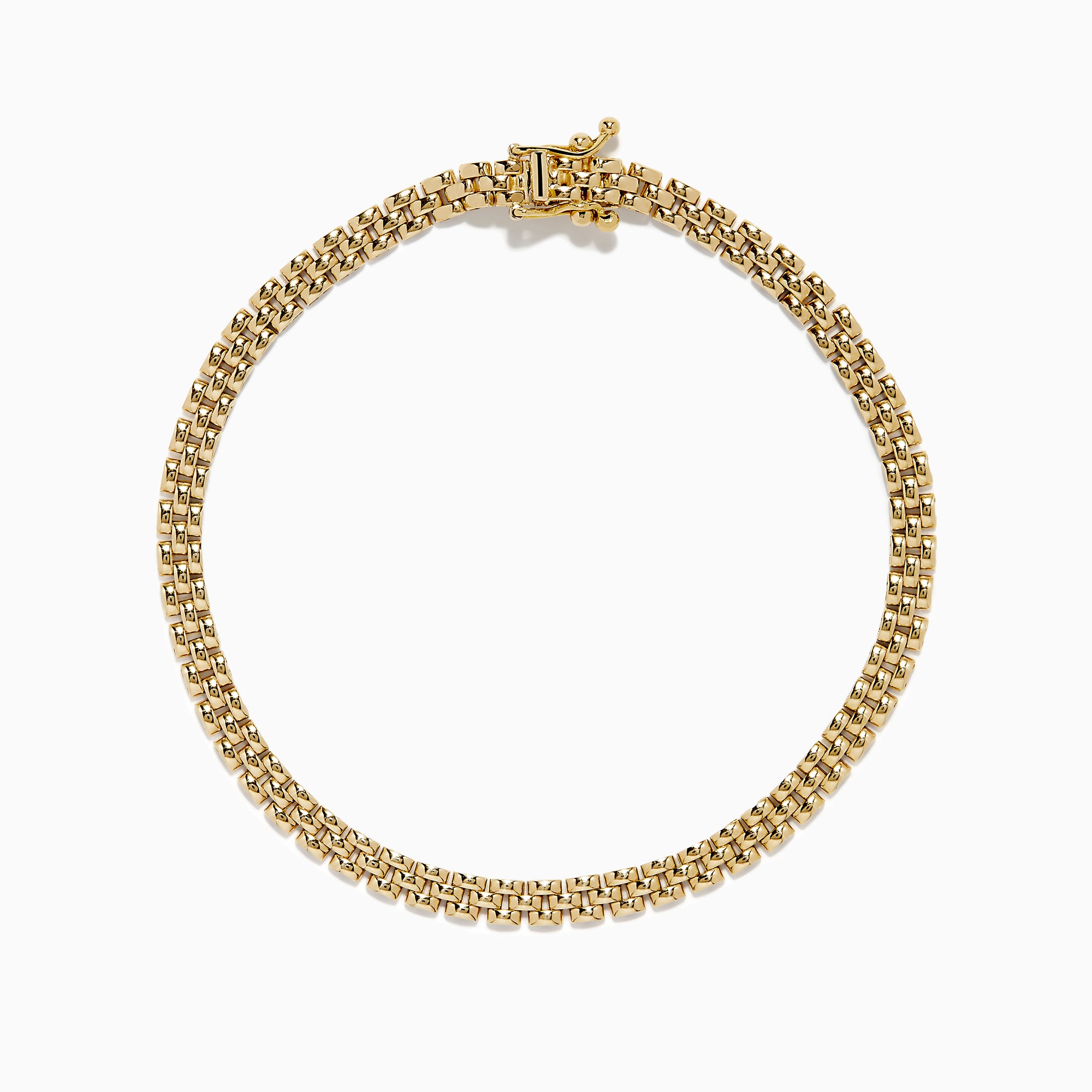 A 14K yellow gold Panther chain link bracelet displayed in a circular shape on a white background, featuring a secure clasp.