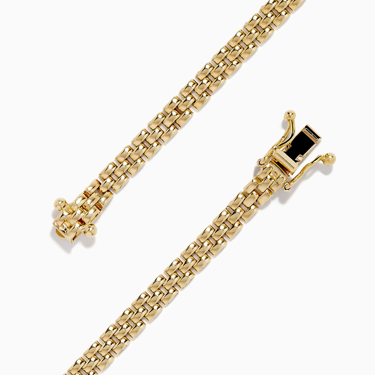 A 14K yellow gold Panther chain link bracelet displayed in a circular shape on a white background, featuring a secure clasp.