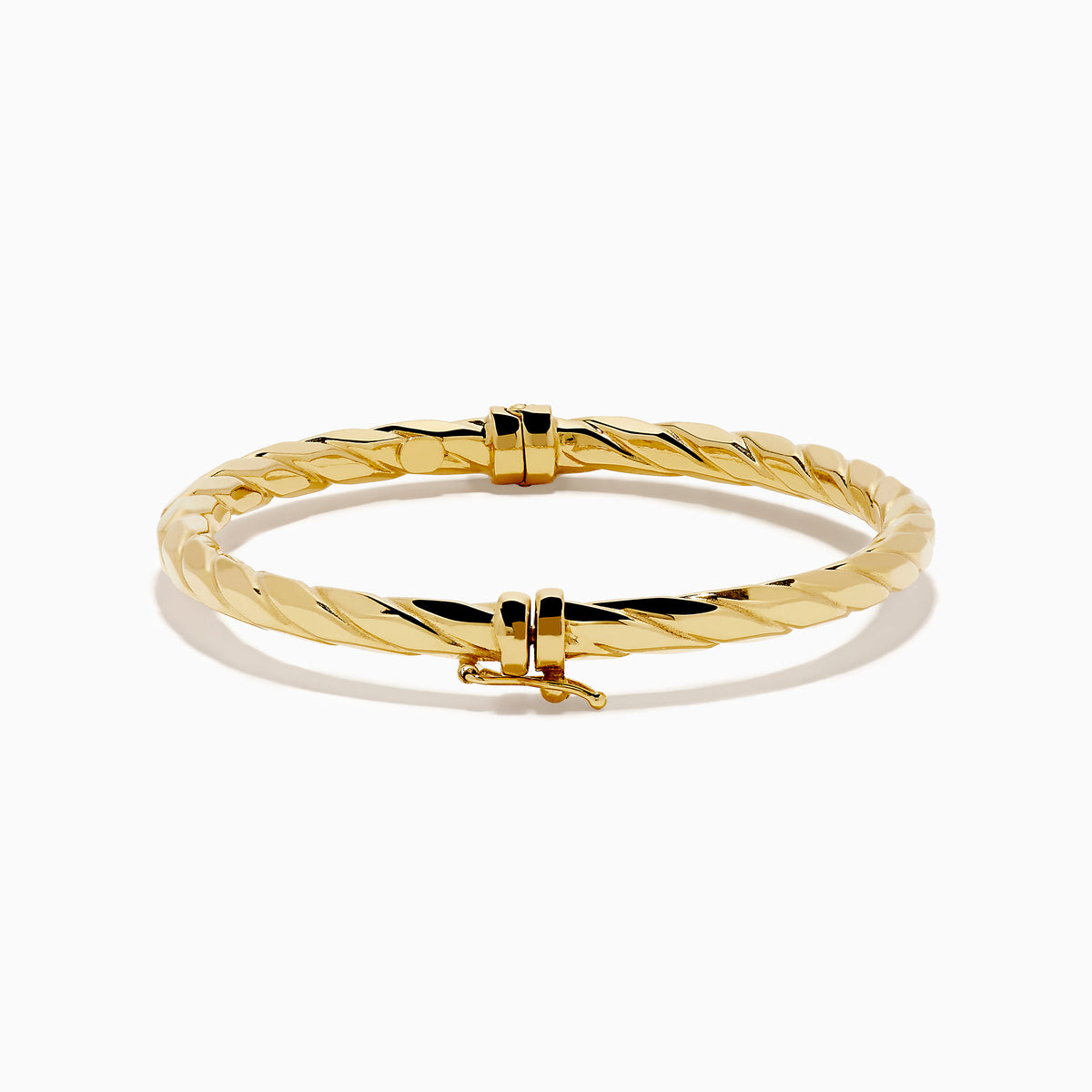 A 14K Yellow Gold Hammered Hinge Bangle featuring a textured finish, showcased on a white background.