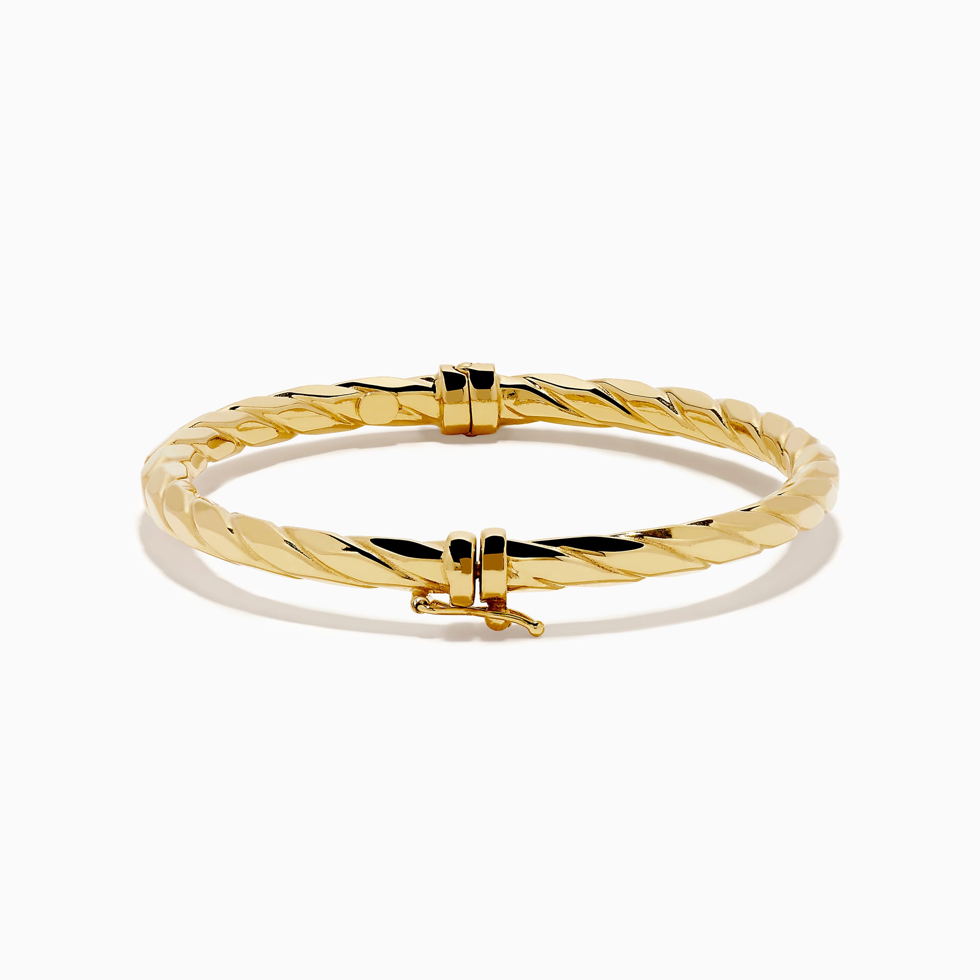 A 14K Yellow Gold Hammered Hinge Bangle featuring a textured finish, showcased on a white background.