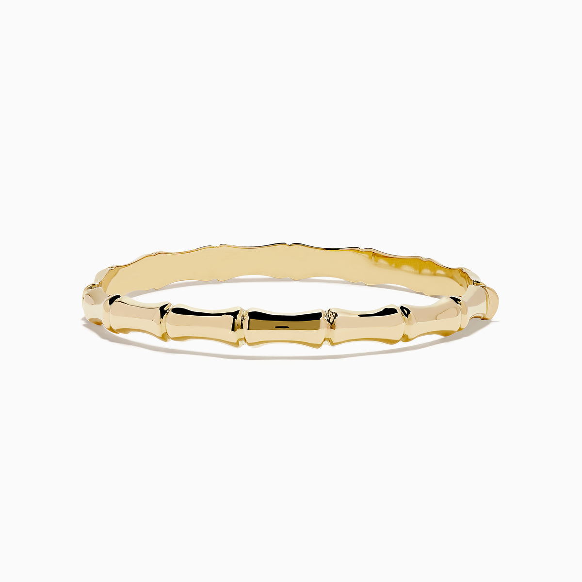 The 14K Yellow Gold Bamboo Hinge Bangle features a polished, bamboo-inspired texture and is photographed on a white background.