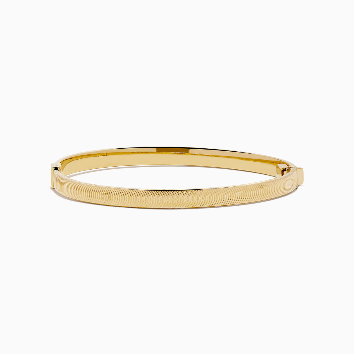 The 14K Yellow Gold Hollow Hinge Bracelet features a polished finish with subtle textured detailing along the edge, shown on a white background.