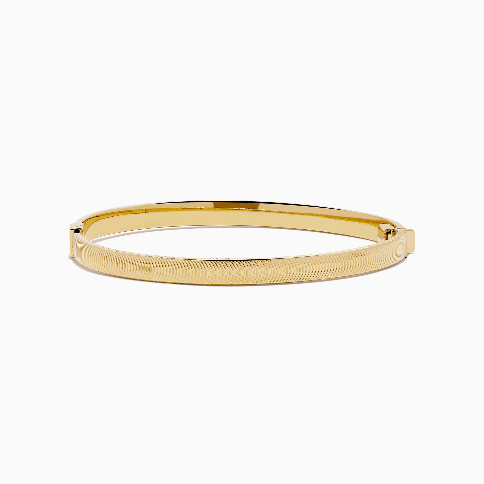 The 14K Yellow Gold Hollow Hinge Bracelet features a polished finish with subtle textured detailing along the edge, shown on a white background.