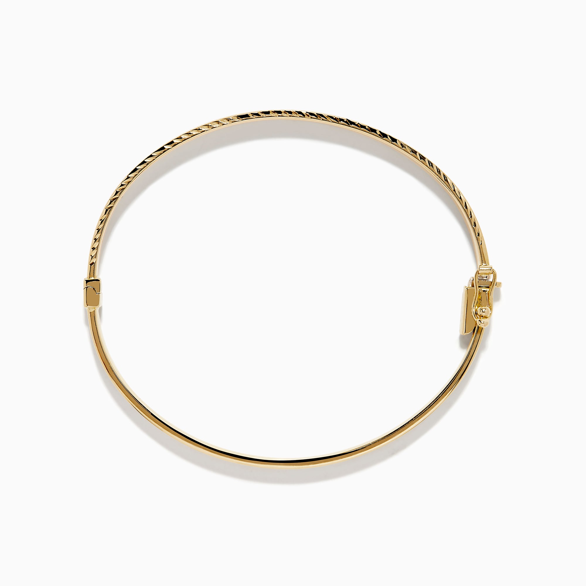 The 14K Yellow Gold Hollow Hinge Bracelet features a polished finish with subtle textured detailing along the edge, shown on a white background.
