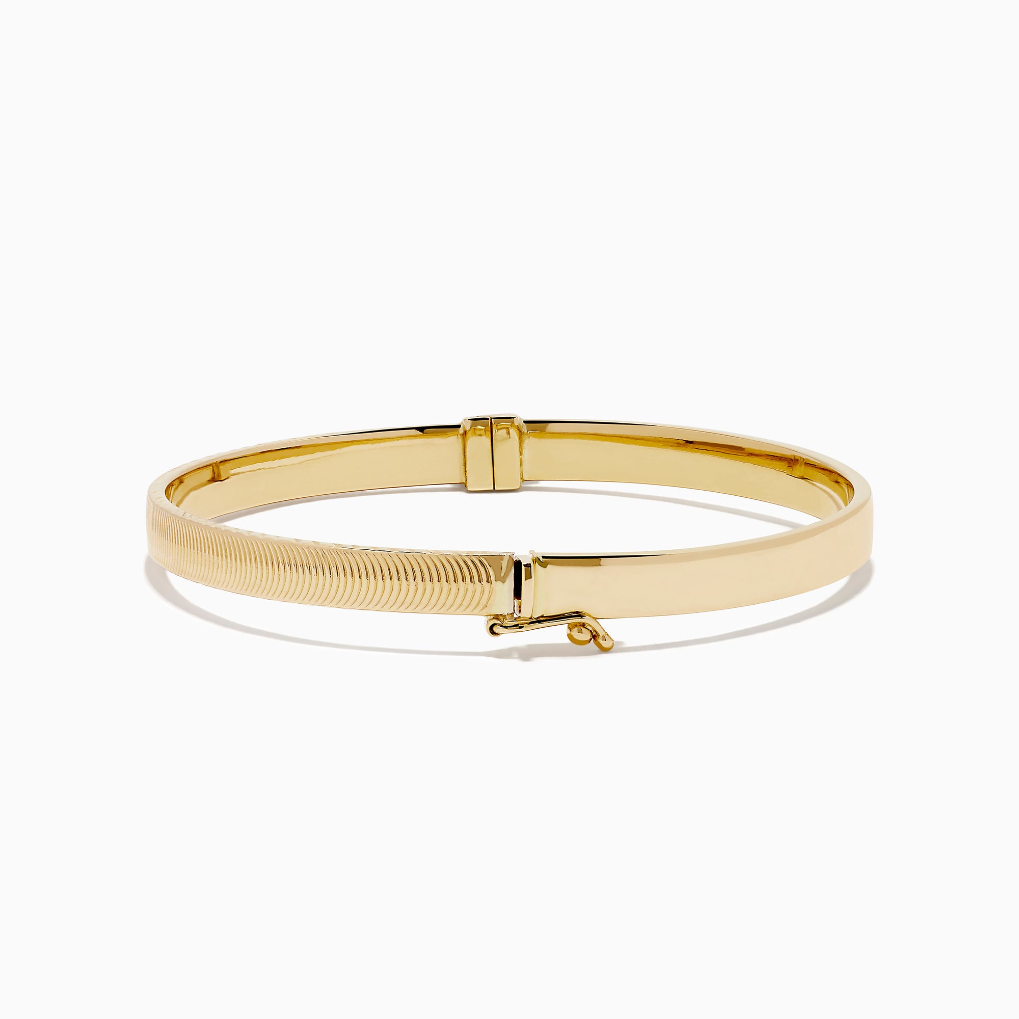 The 14K Yellow Gold Hollow Hinge Bracelet features a polished finish with subtle textured detailing along the edge, shown on a white background.
