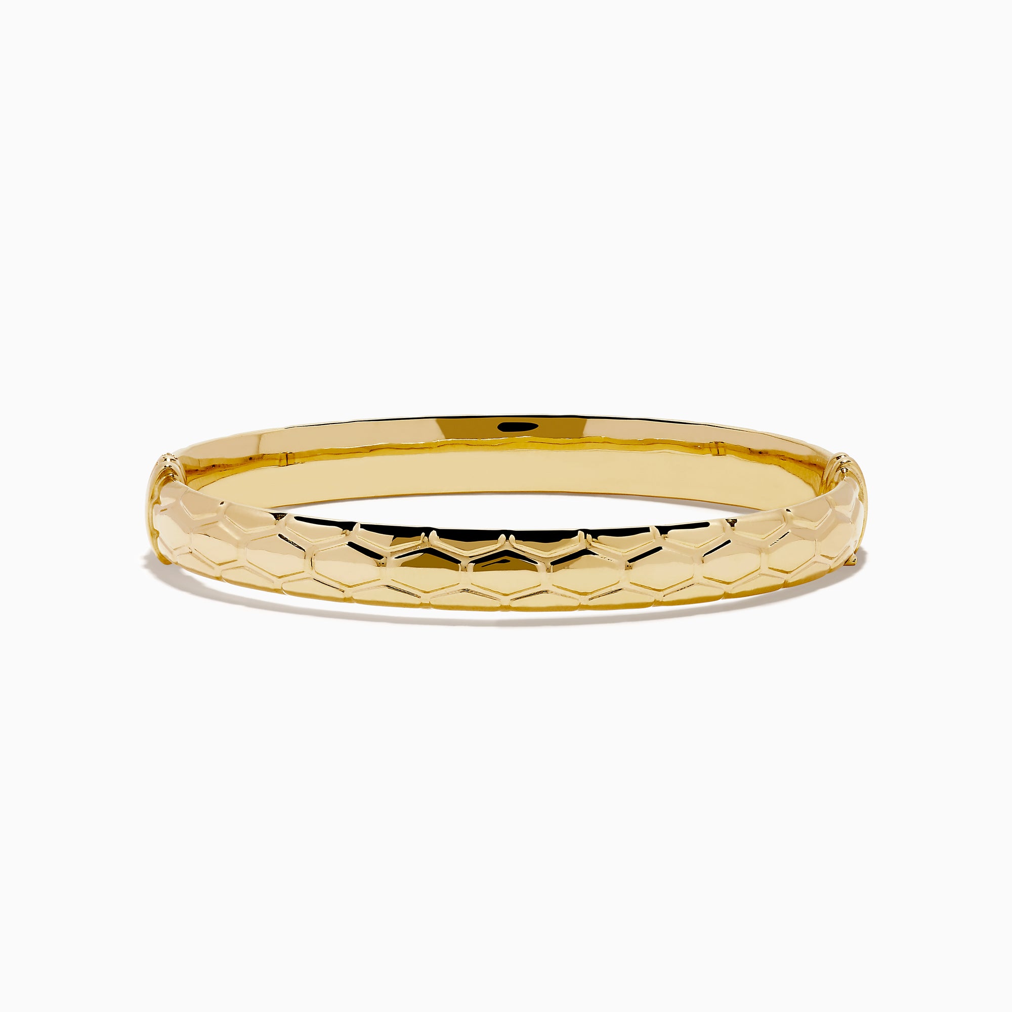 The 14K Yellow Gold Textured Hinge Bracelet features a shiny finish and a geometric diamond-patterned texture around its outer surface, shown on a white background.