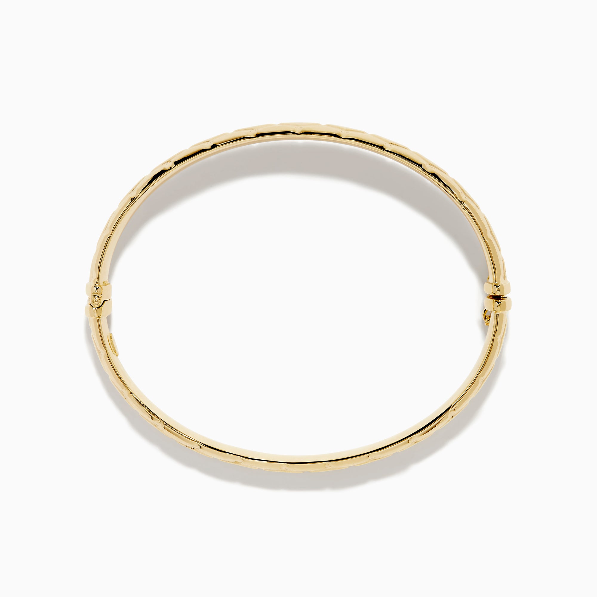 The 14K Yellow Gold Textured Hinge Bracelet features a shiny finish and a geometric diamond-patterned texture around its outer surface, shown on a white background.