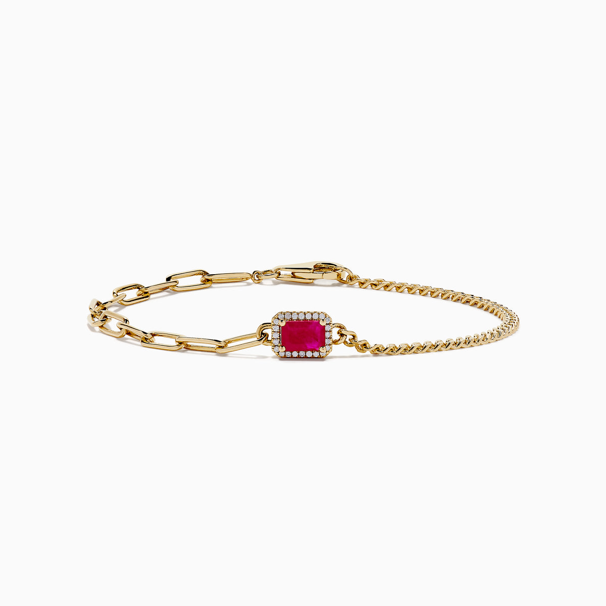 The Ruby Royale 14K Yellow Gold Ruby and Diamond Bracelet showcases a central square ruby framed by sparkling diamonds and delicate chain links, elegantly displayed on a white background.