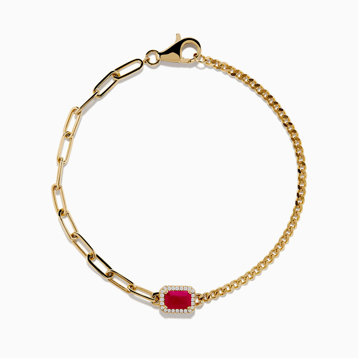 The Ruby Royale 14K Yellow Gold Ruby and Diamond Bracelet showcases a central square ruby framed by sparkling diamonds and delicate chain links, elegantly displayed on a white background.
