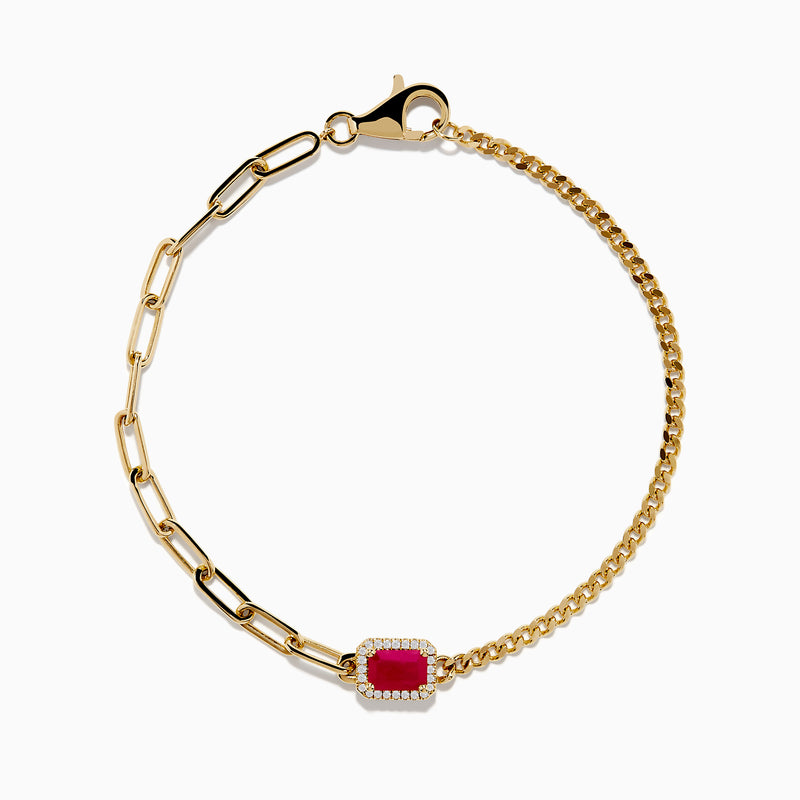 The Ruby Royale 14K Yellow Gold Ruby and Diamond Bracelet showcases a central square ruby framed by sparkling diamonds and delicate chain links, elegantly displayed on a white background.