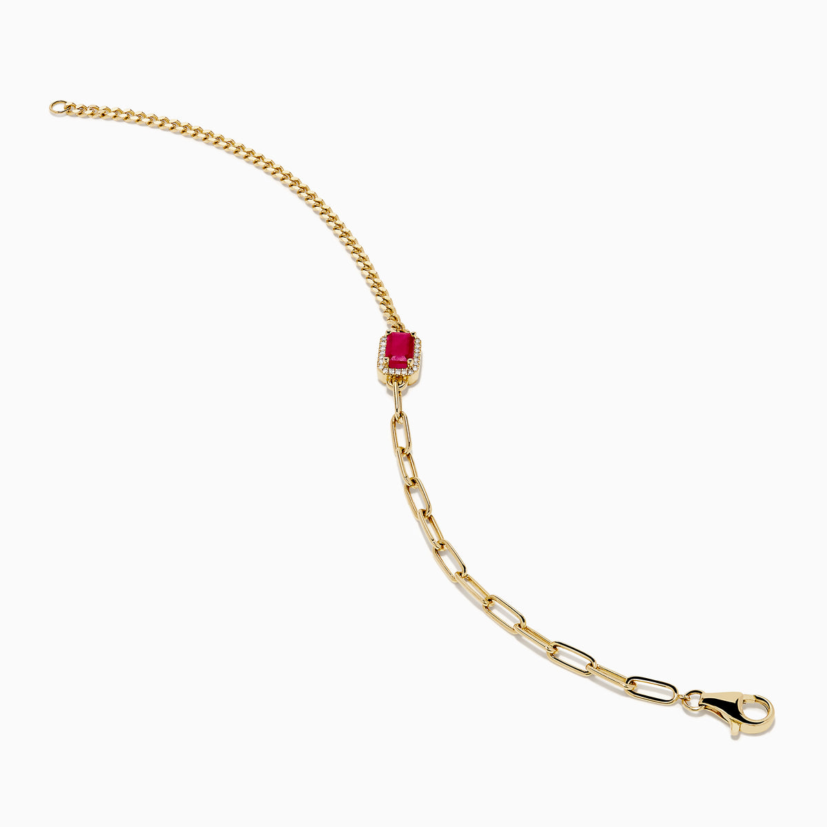 The Ruby Royale 14K Yellow Gold Ruby and Diamond Bracelet showcases a central square ruby framed by sparkling diamonds and delicate chain links, elegantly displayed on a white background.