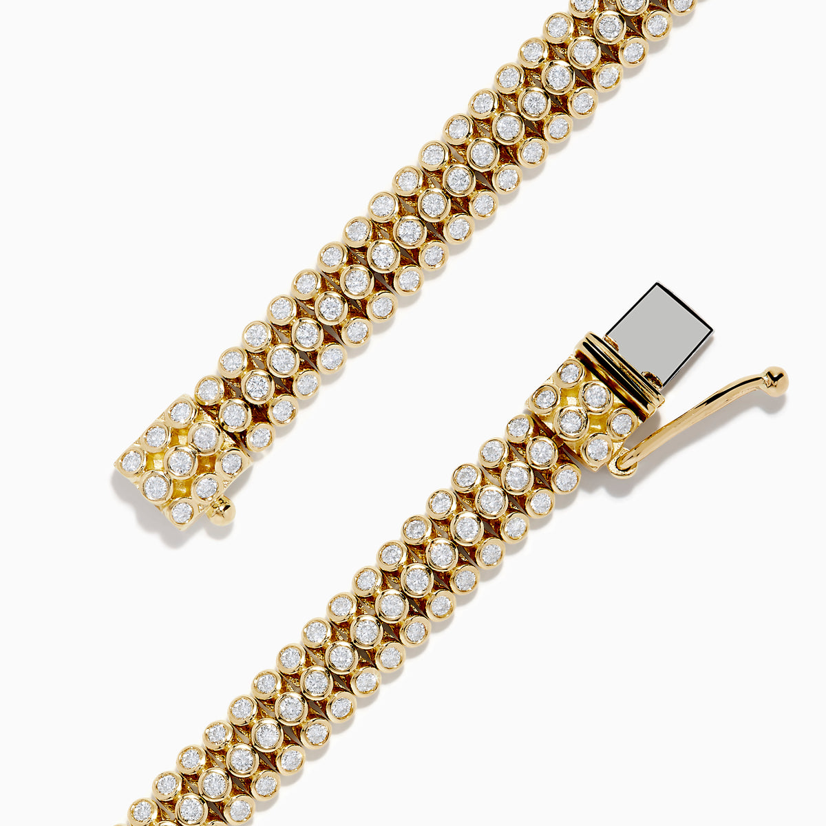 The DOro 14K Yellow Gold Bracelet features three rows of bezel-set diamonds and a secure box clasp, offering a polished and elegant finish.