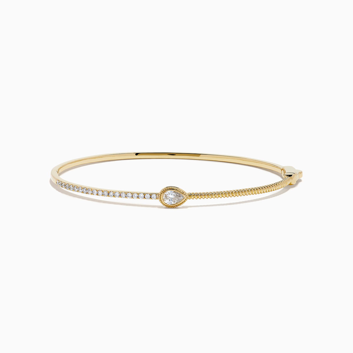 The D'Oro 14K Yellow Gold Pear Bezel Diamond Bangle showcases a row of small diamonds and a central pear bezel-set gem, all elegantly displayed against a plain white background.