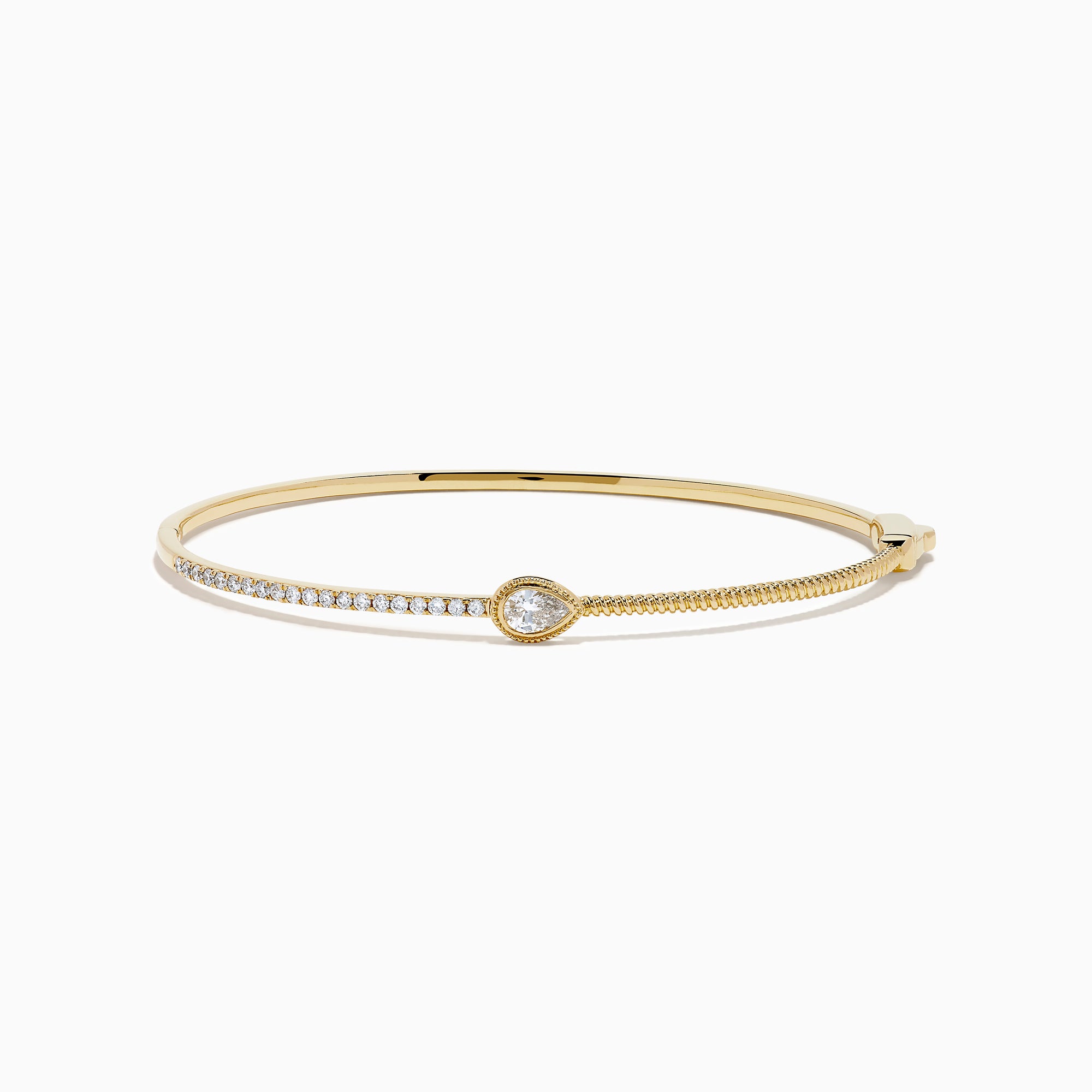 The D'Oro 14K Yellow Gold Pear Bezel Diamond Bangle showcases a row of small diamonds and a central pear bezel-set gem, all elegantly displayed against a plain white background.